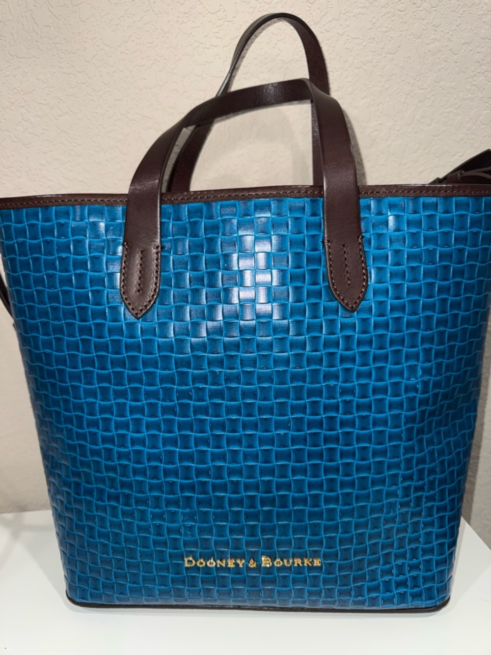Dooney & Bourke Teal Blue Woven Leather Tote with Brown Trim